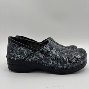 Dansko Black Blue Floral Clogs Embossed Leather Nursing Womens 10.5/11 EU 41